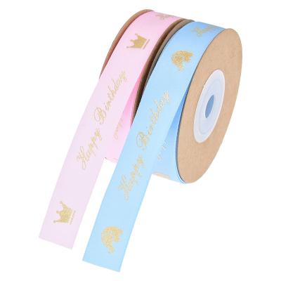 China Wholesale Hot Stamping 25mm Iridescent Custom Gold Foil Printing Gift Wrapping Satin Ribbon Rolls Hot Stamping Soft Blue Pink 100Y Color Ribbon Rolls for sale