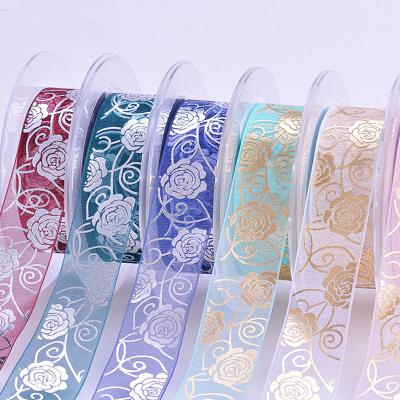 China Wholesale Custom Hot Silver Foil Iridescent Stamping Printed Ribbons Flower Rose Bouquet Wrapping Strap Organza Ribbon For Gift Wrapping for sale