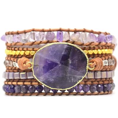 China Hot Sale Leather Handmade Natural Stone Crystal Bead Wrap Bracelets Amazon Boho Collection Of Fashion Bracelet Jewelry China Factory Supply for sale