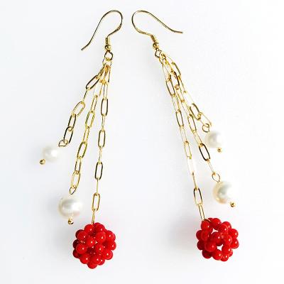 China Wholesale FASHIONABLE E172 Coral And Freshwater S925 hook18k silver gold plated long tassels dangle pearl hook earrings for sale