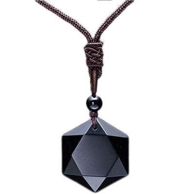 China Translucent Obsidian Wolf Tooth Amulet His and His Ice Hexagram Obsidian Stone CLASSIC Black Natural Necklace Couples Necklace for sale