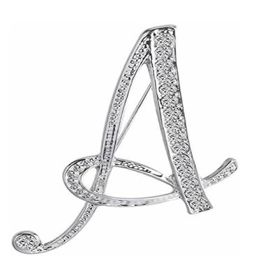 China Stainless Steel A-Z Custom Initial Letters Rhinestone Brooch For Women, Silver Plated Rhinestone Crystal Lapel Pin Brooches Metal Clear for sale