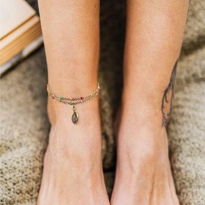 China Crystal Stainless Steel Anklet Color CLASSIC Beaded Bells Cute Charm Beach Double Layer Tasty Hanging Foot Chain Adjustable Anklets for sale