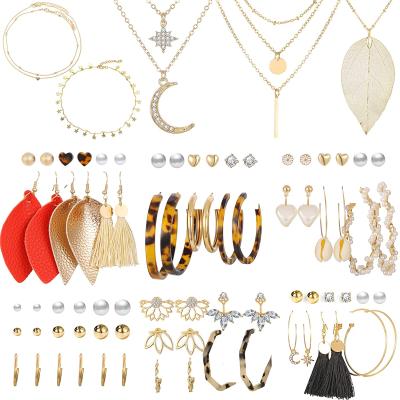 China Fashion Earring Jewelry 43 PCs Necklace and Earring Sets for Women Girls Gold Choker Multilayer Leaf Pendant Necklace for sale