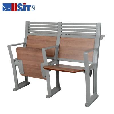 China US-901M Aluminum Contemporary School Folding Chair, Wooden Classroom Furniture Double School Desk with Bench Chair for Theater for sale