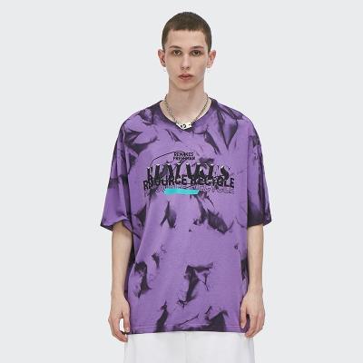 China 2022 breathable new purple tie-dyed letter printed fashion brand vacation style short sleeve T-shirt men for sale