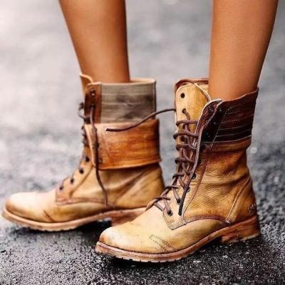 China 2020 Women's Mid LEAFY Calf Military Boots Ladies Lace Up Combat Ankle Boots for sale