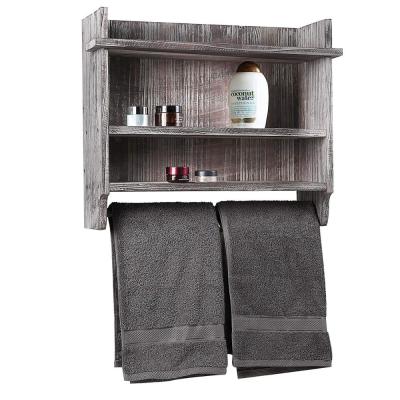 China Burnt Wood Organizer Wall Mounted Viable Bathroom Rack with 3 Shelves and Hanging Towel Rack for sale