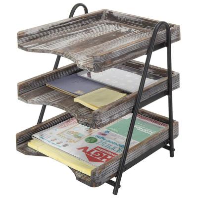 China Sustainable 3-Tier Torched Barnwood Style Wooden Desk File Tray, Desk File Rack for sale