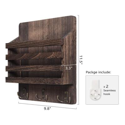 China Durable Rustic Wall Mail Organizer Wood Key Holder Mail Sorter Organizer with 3 Key Hook Rack Wall Mount Magazine Letter Bills for sale