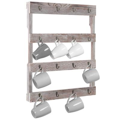 China Sustainable Wall Mounted 12 Hooks Burnt Wooden Coffee Mug Cup Rack Display Rack for sale