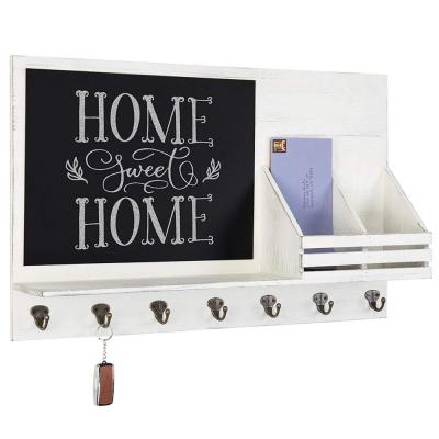 China Sustainable white wood wall mounted organizer with chalkboard, mail sorter, shelf and head hooks for sale