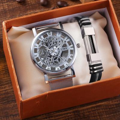 China Fashionable Quartz Watch Men Watch Set 2pcs Watch Mesh Strap Band Creative Hollow Quartz Watch For Business Wristwatch Clock Gift For Male for sale