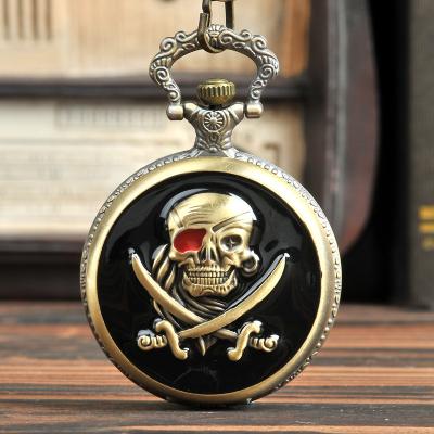 China Retro Antique New Arrival Skull Pirate Quartz Bronze Pocket Watch With Necklace Chain Best Gift For Men Women Pendant Watches for sale