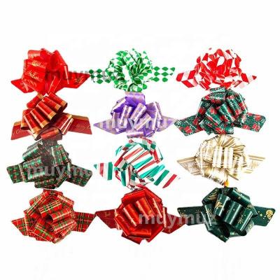 China 12 Kinds of Different Printing 4CM Pull Flower Bows with Printing PP Plastic for Christmas Decoration Gift Wrap Ribbon Holiday Wrapping Material for sale