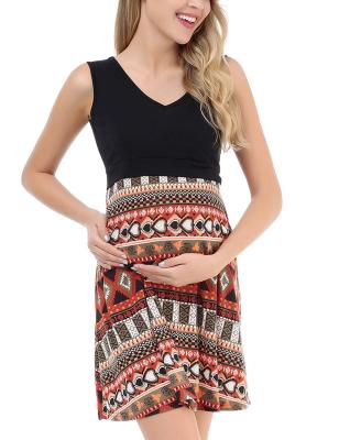 China 2020Pregnant Anti-allergy Dress Fashion Stitching Nursing Dress Ethnic Printing Sleeveless Maternity Dress for sale