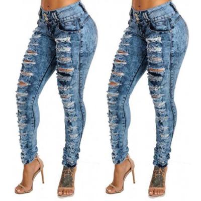 China Autumn breathable clothes for women blue jean pants plus size trouser jeans destroyed woman denim pants plus size women jeans for sale