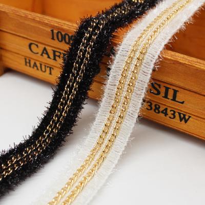 China Sustainable Black Crystal Crochet Polyester Braided Trim With Gold Iron Chain for sale