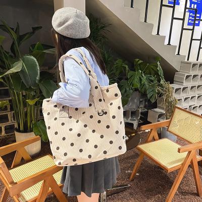 China Wholesale Fashion Portable Classic Amazon Cotton Women Shoulder Portable Shopping Tote Bag With Dot Printing Corduroy Soft Canvas Large for sale