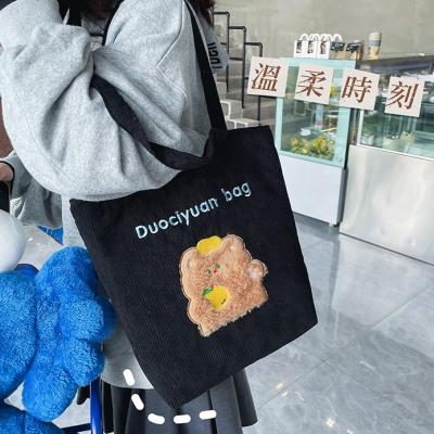 China Portable Stylish Teenager Corduroy Handbag Cute Cartoon Canvas Embroidered Animal Shoulder Teddy Bear Rabbit Pattern Feminine Totes Bags for sale