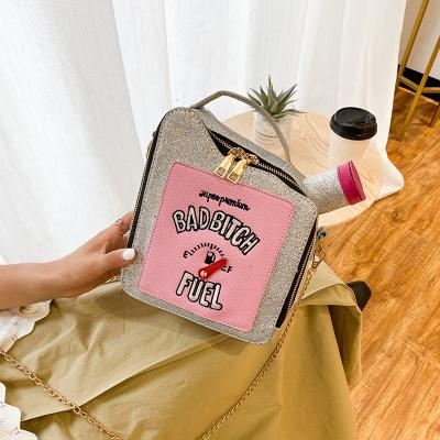 China Multifunctional Gasoline Bottle Shape Embroidery Letter Laser Sequins Shoulder Women Unique Handbags Clip Bag for sale