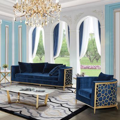 China Contemporary Vintage Stainless Steel Luxury Velvet Legs Gold Blue Chesterfield Sofa For Hotel /Villa/Living Room for sale