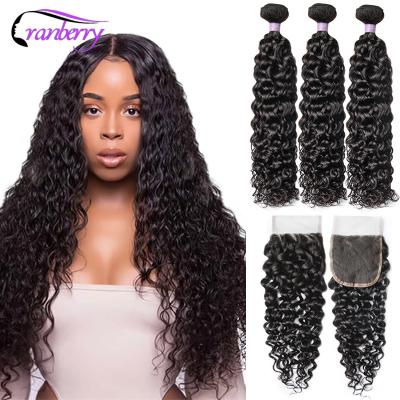 China Water Wave Bundles With Closure Water Wave With Closures Double Drawn Raw Human Unprocessed Virgin Mink Brazilian Extension Hair Bundles Cuticle Aligned Brazilian Hair Vendor for sale