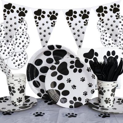 China Disposable paper TR dog claw balloon tablecloth pet background decoration dog claw party birthday party decorative tableware paper set for sale