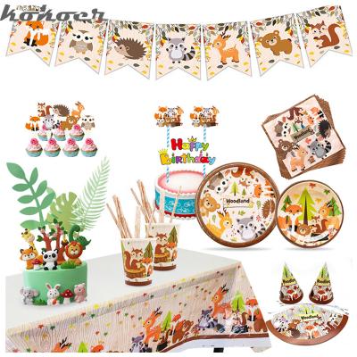 China Silk Screen Printing Jungle Theme Party Decor Supply Disposable Tableware Set Forest Animal Fox Hedgehog Balloon Baby Shower Kid Birthday Cake Topper for sale