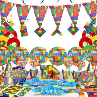 China Paper Building Blocks Lego Party Supplies Paper Pennant Lego Hat Tablecloth Boys Birthday Supplies Children's Birthday for sale