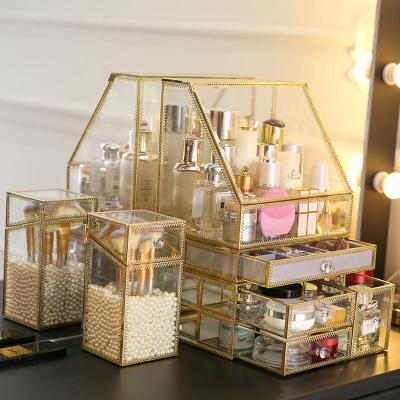 China Viable Wholesale Vintage Makeup Plexiglass Clear Gold Makeup Glass Organizer Storage for sale