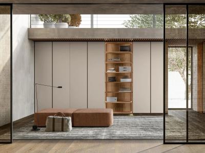 China Beige PET Wardrobe with Wood Grain Display Shelf Customized Bedroom Closet for sale