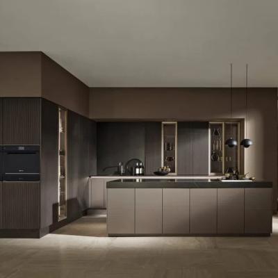 China 2024 New Custom Color Design Luxury Wood Veneer Kitchen Cabinet With Island Cupboards For Kitchen for sale