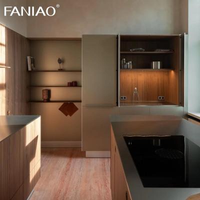 China Modern Wood Grain 304 Stainless Steel Waterproof Villa Kitchen Cabinet for sale