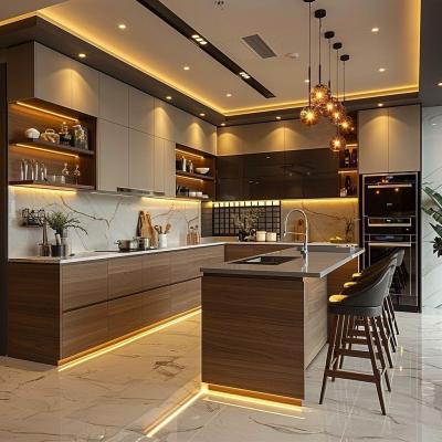 Cina Fabbrica Disegno personalizzato Armadi di cucina in acciaio inossidabile Isola In legno massello Carcassa Arredamento da cucina Armadi con luce a LED in vendita