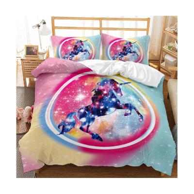 China Wholesale Cute Pink 100% Folded Microfiber Polyester 3D Unicorn Printing Microfiber Duvet Bedroom Bedding Set Bedspread For Kids for sale