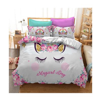 China Luxury Folded Bed Room Decor Duvet Covers Shape 3D Printing Unicorn Pillowcases 3 Piece Bedding Set For Kid's Room for sale