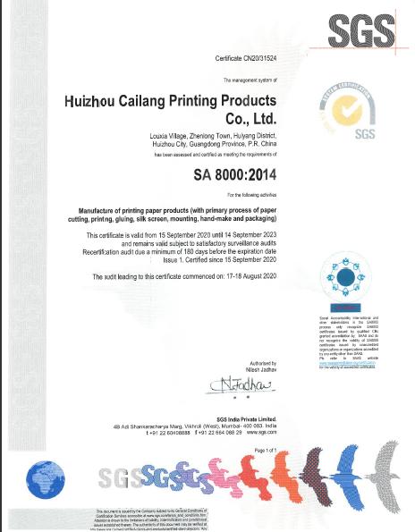 SA8000 - Huizhou Cailang Printing Products Co., Ltd.