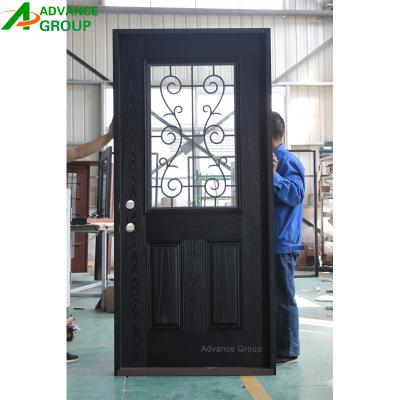 China Wrough mordern iron grill fiberglass waterproof exterior door for sale