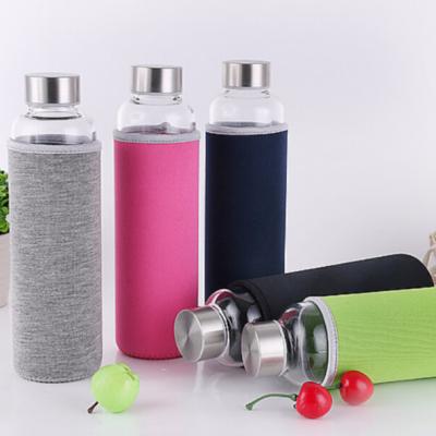 China Viable Glass Water Bottle With Protective Portable Drinkware Bottle Travel Bag Clear Bottle for sale