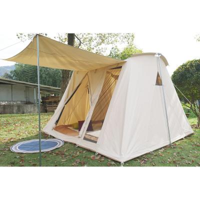 China Large tent luxury camping family outdoor tent canvas straight tying type felx bow tents spring bar for sale