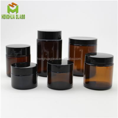 China Eye Cream Glass Jar 50ml 60ml 100ml 200ml 250ml Amber Straight Edge Wide Mouth With Black Plastic Cap Wholesale for sale