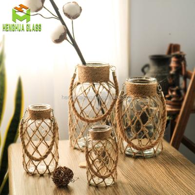 China New Xuzhou henghua hemp glass candle holder classical/postmodern handmade natural glass rope vase with home decoration for sale