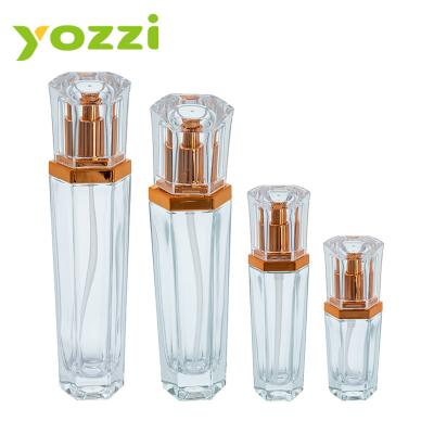 China 00394 Series 25ml 40ml 90ml 110ml Cosmetic Lotion Glass Bottle Hexagonal Gold Head Lotion Pump for sale