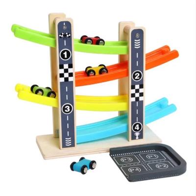 China Eco-Friendly Montessori Material Toy 1-3 Years Old Boys and Girls Kids Wooden Race Track Car Toddler Ramp Runner Set with 5 Mini Cars and 5 Ramps for sale