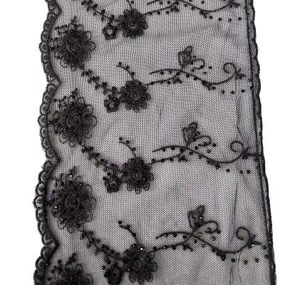 China 15cm Mesh Embroidery Lace Flower Embroidered Polyester Viable Black Lace Nylon Voile Fabric for sale