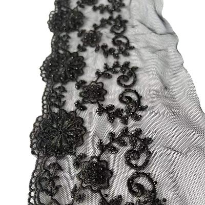 China 13.5cm Mesh Embroidery Lace Flower Embroidered Polyester Viable Black Lace Nylon Voile Fabric for sale