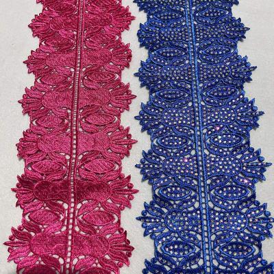 China New Sustainable Polyester French Africa Flower Lace Trim With Beads Rhinestone Trimming for sale