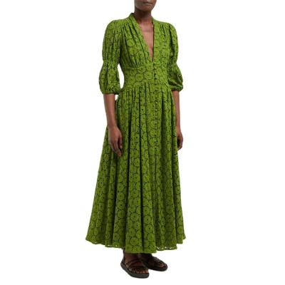 China Women Anti-static Deep V Neckline Floral Casual Dresses Long Dress Embroidered Puff Sleeve Maxi Dress for sale