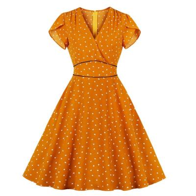 China High Waist V-neck Slim Heart Shaped Print Anti-Static Women's Yellow Sleeve Shorts Fashion Casual Dress for sale